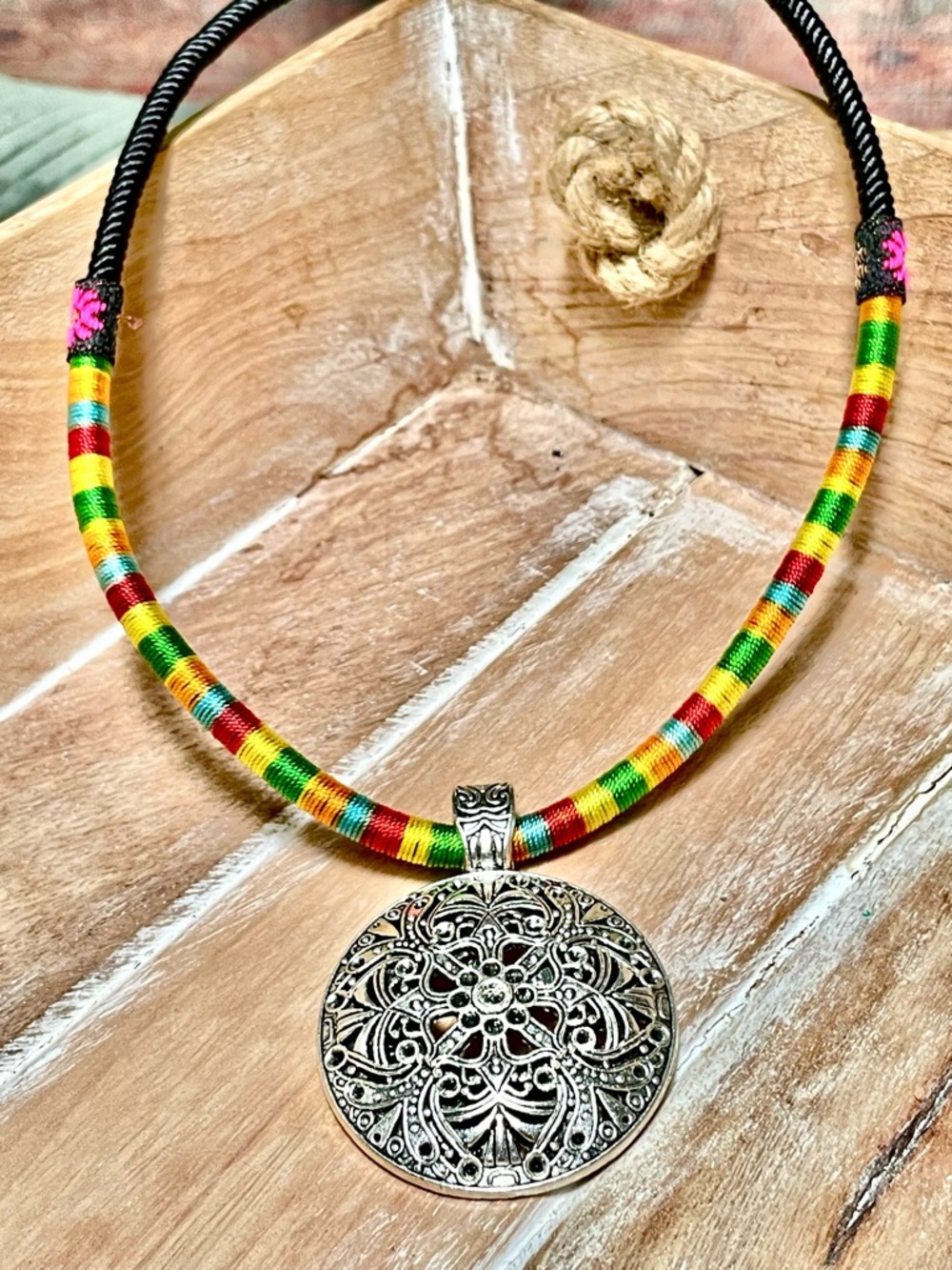 Boho Multicolor Thread Necklace with Silver Filigree Pendant